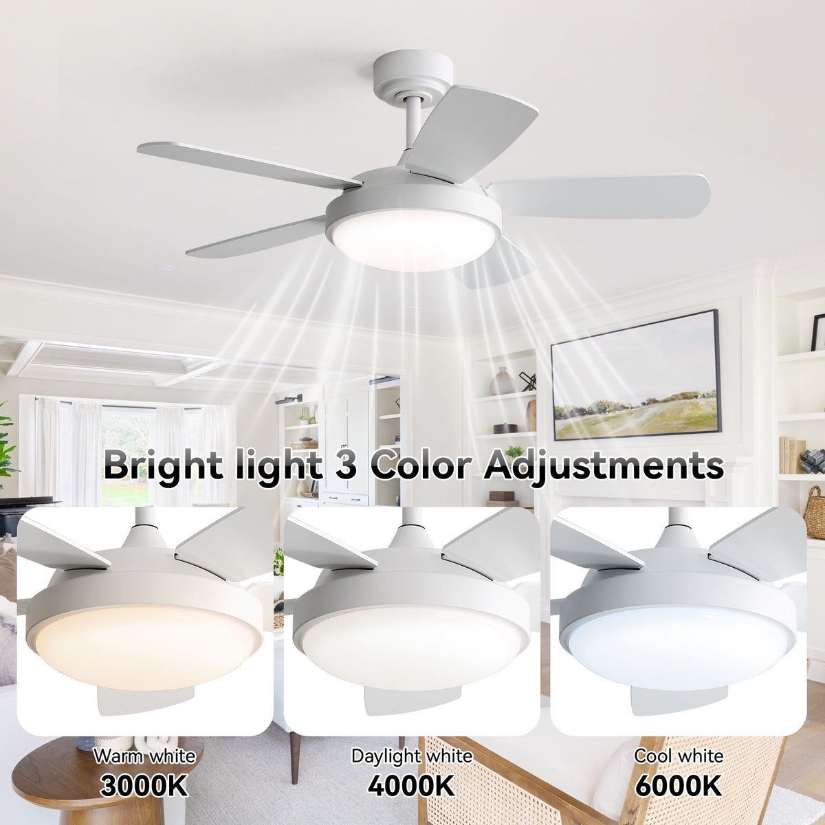 42" Ceiling Fan With 22W LED Light And Remote Control Blades Reversible DC Motor - White