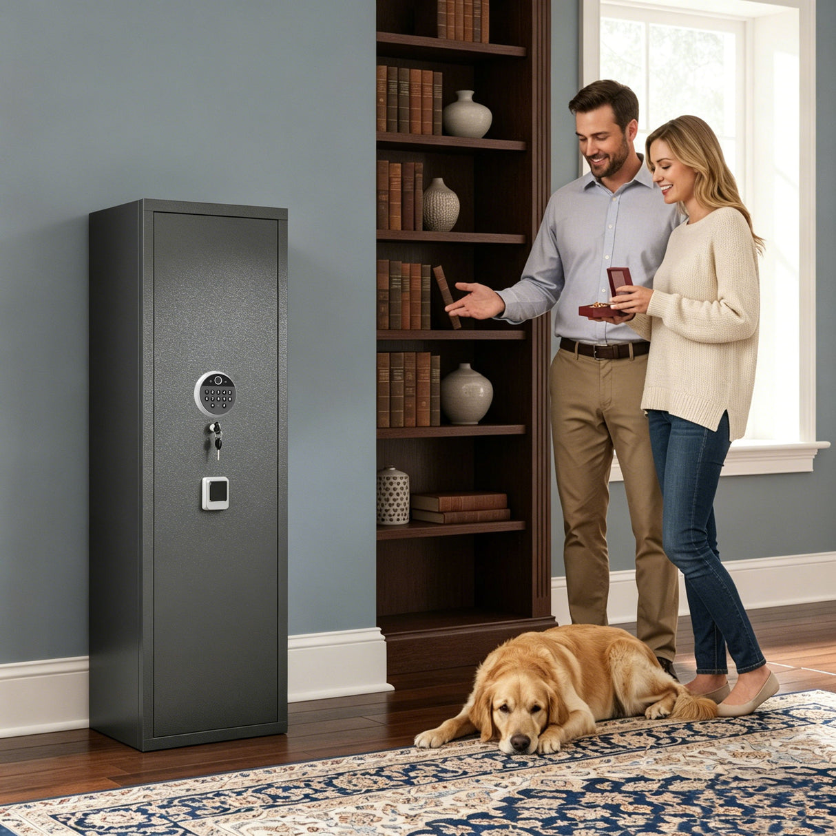 Rifle Safe, Biometric & Keypad Lock, Adjustable Gun Racks With Built In Alarm System