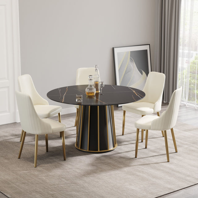 Modern Artificial Stone Round Metal Iron Base Dining Table, Can Accommodate 6 People (Not Including Chairs.) - Black - Dining Tables - Alpine Outlets