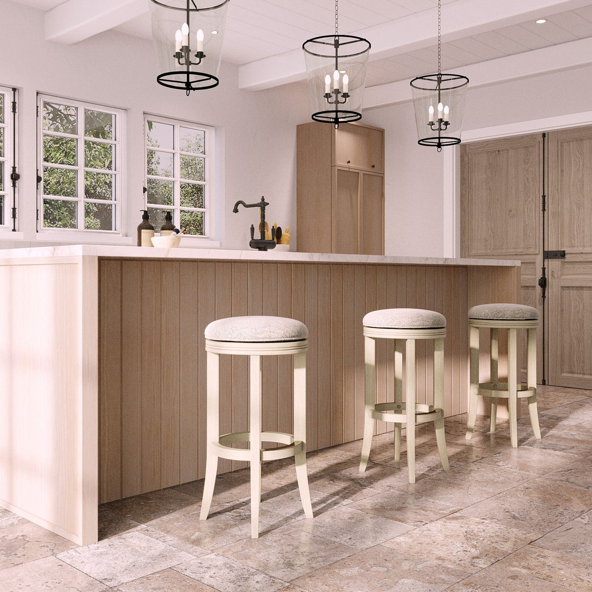 Backless Swivel Stool With Upholstered Seat