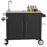 Outdoor Grill Table With Sink, Grill Cart With Sink And Cabinet With Wheels - Black / Silver