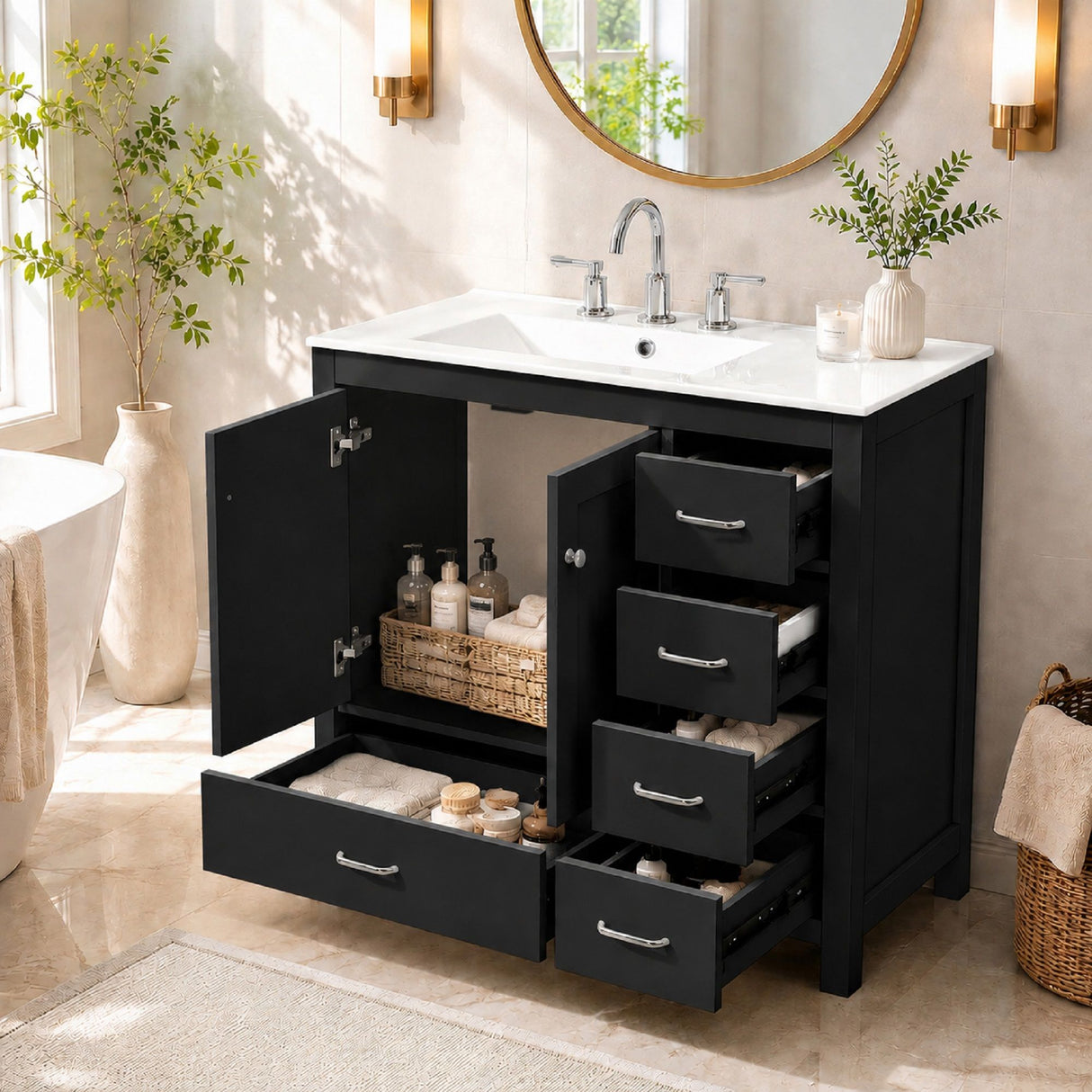 Bathroom Vanity With Sink Combo, 2 Soft Close Doors And 5 Drawers