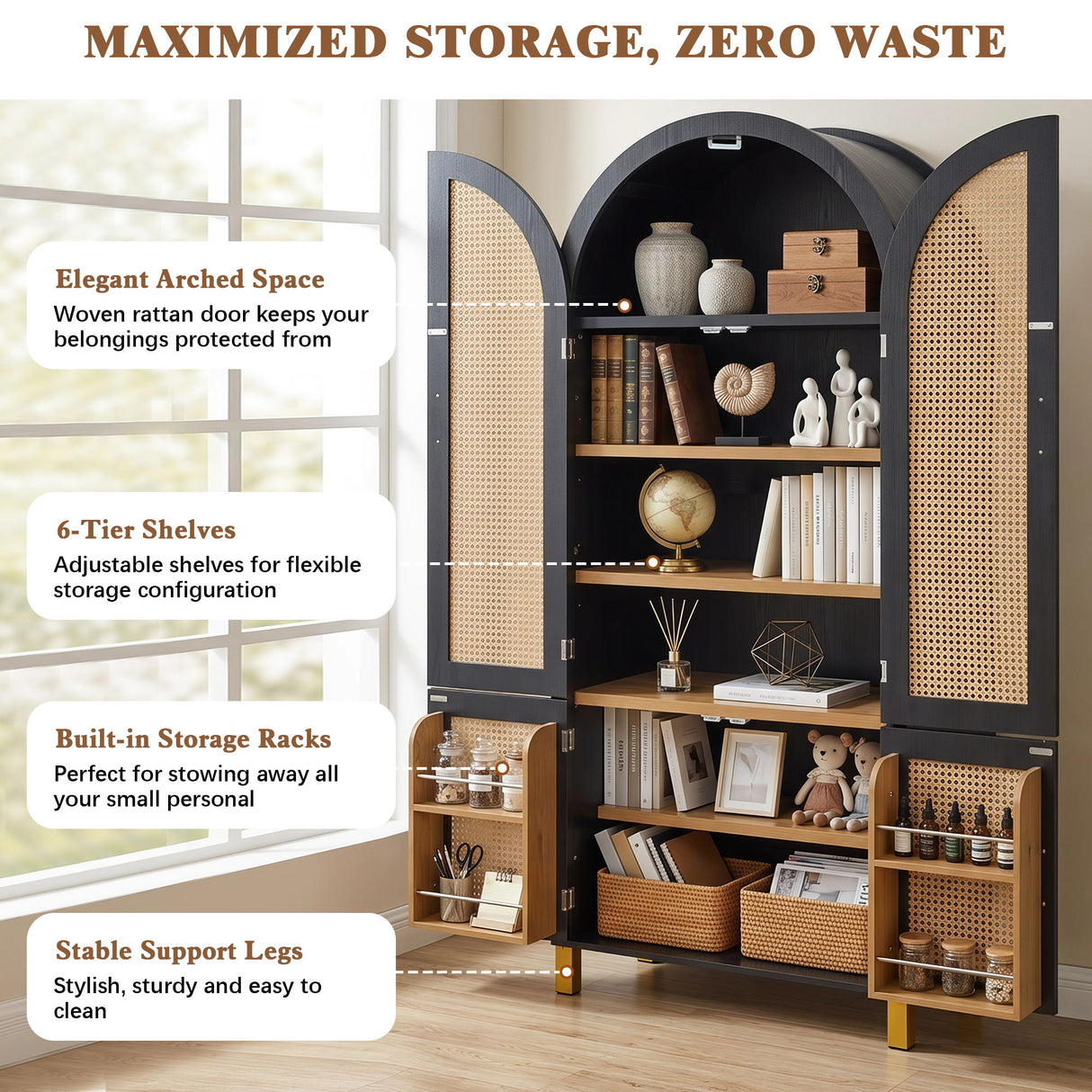 Tall Arched Cabinet With Rattan Doors & Adjustable Shelves