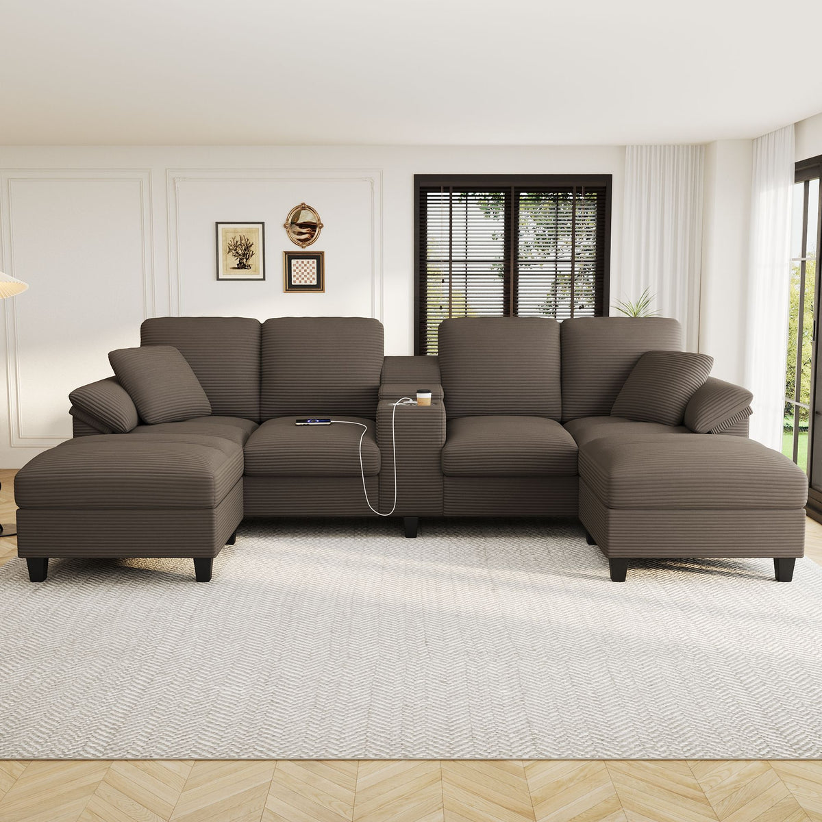 Modern U - Shaped Sectional Sofa With Storage Ottomans, USB Ports, And Cup Holders