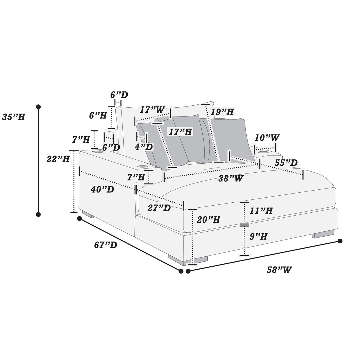 Upholstered Chaise Lounge With Cup Holders USB Port And Pillows