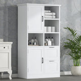 Freestanding Bathroom Storage Cabinet With Doors And Drawers, Adjustable Shelf, Open Shelves - White