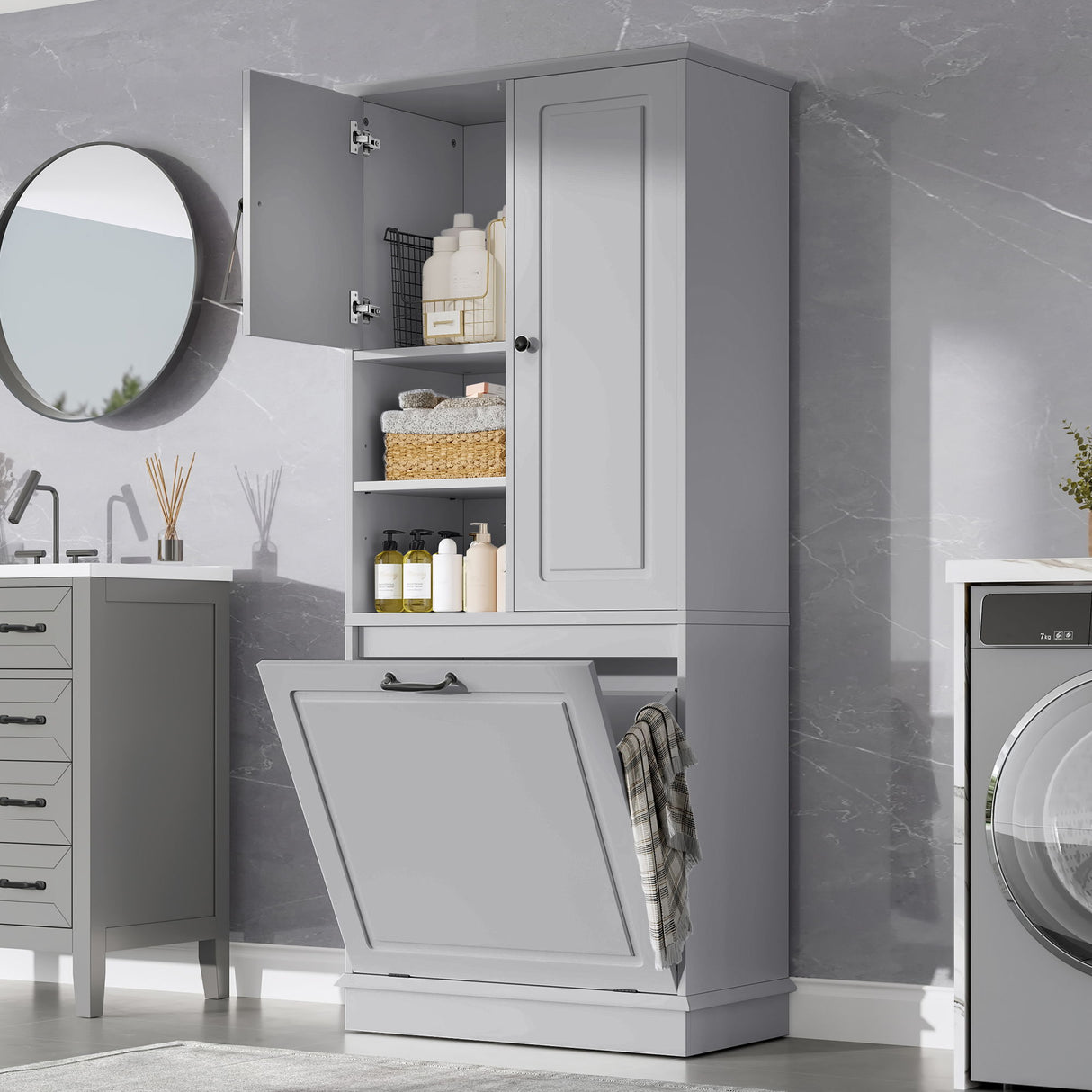 Modern Tall Storage Cabinet With Adjustable Shelves, Flip-Out Basket & Enclosed Doors