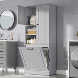Modern Tall Storage Cabinet With Adjustable Shelves, Flip-Out Basket & Enclosed Doors