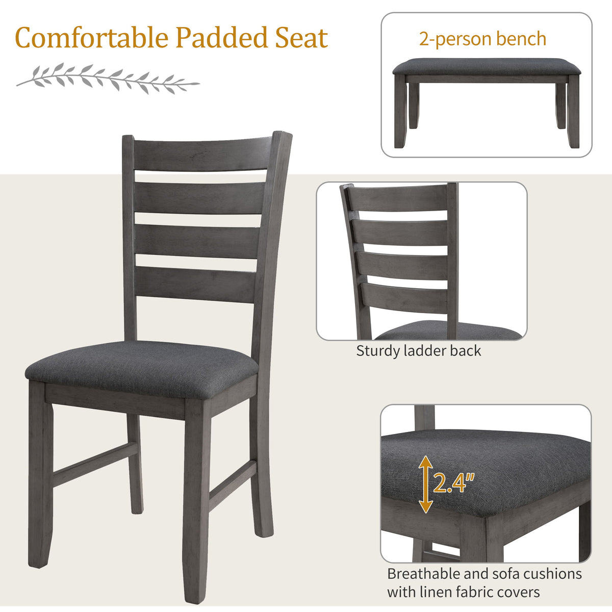 Dining Set For 6, Upholstered Chairs, Includes Table, 4 Chairs, And 2 Person Bench - Gray