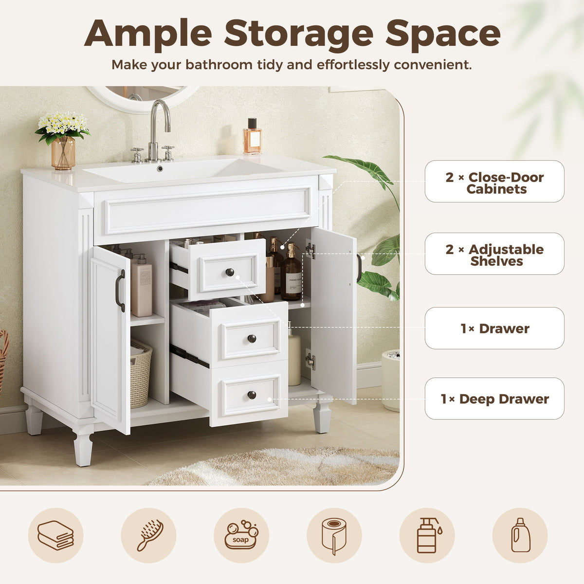 Bathroom Vanity With Top Sink, Cabinet With 2 Soft Closing Doors And Drawers