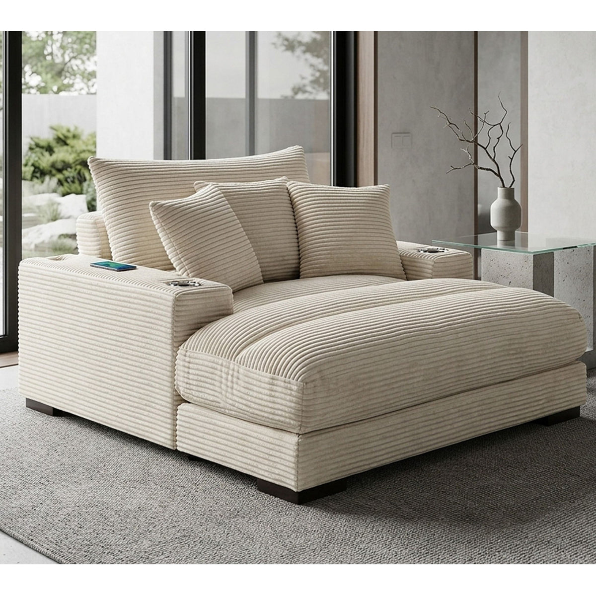 Upholstered Chaise Lounge With Cup Holders USB Port And Pillows
