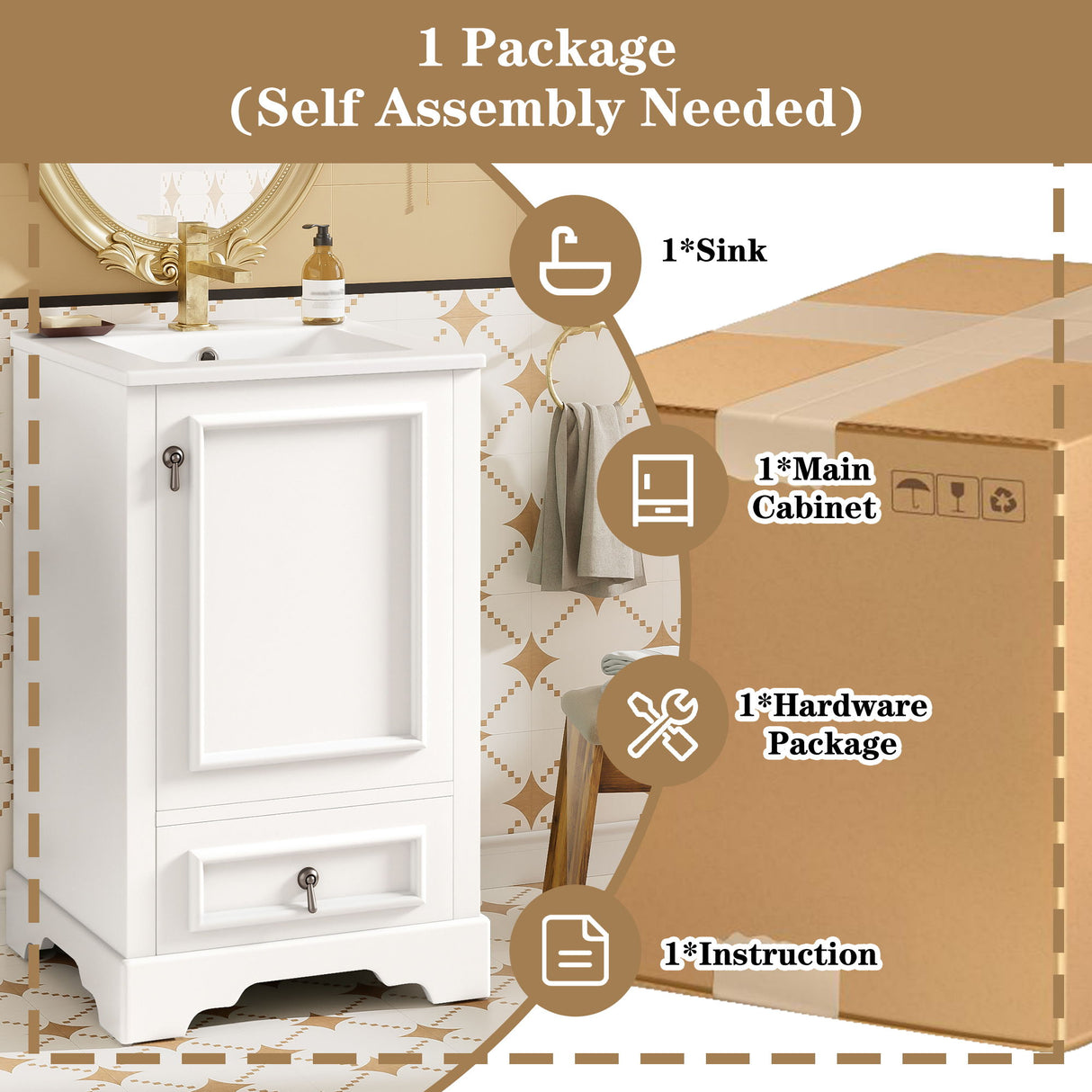Bathroom Vanity With Sink, Soft Close Door, Adjustable U-Shaped Shelf