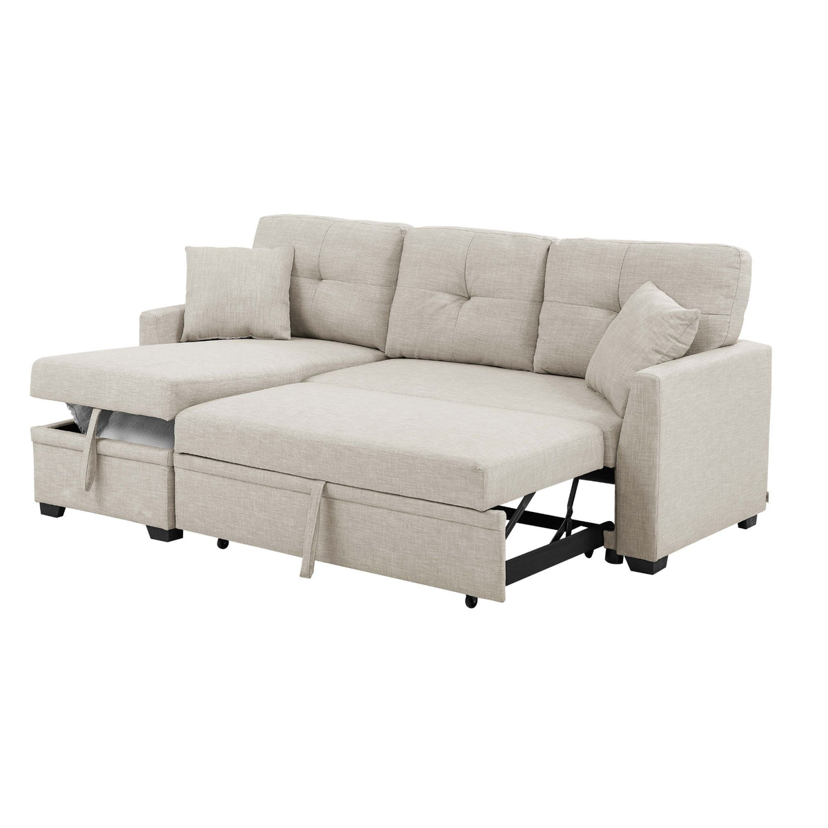 Upholstered Sectional & Pull Out Bed And Chaise Storage - Almond