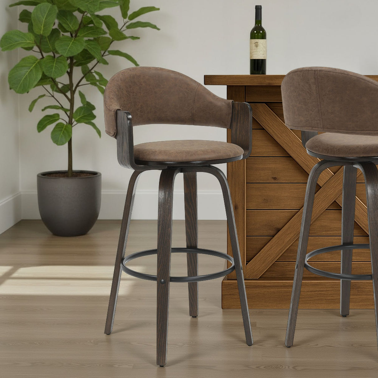 Daxton - Swivel Bar Height Round Back Wood Bar Stool With Faux Leather Seat