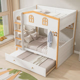 Bunk Bed With House Shaped Guardrails, Storage Shelves, And Trundle