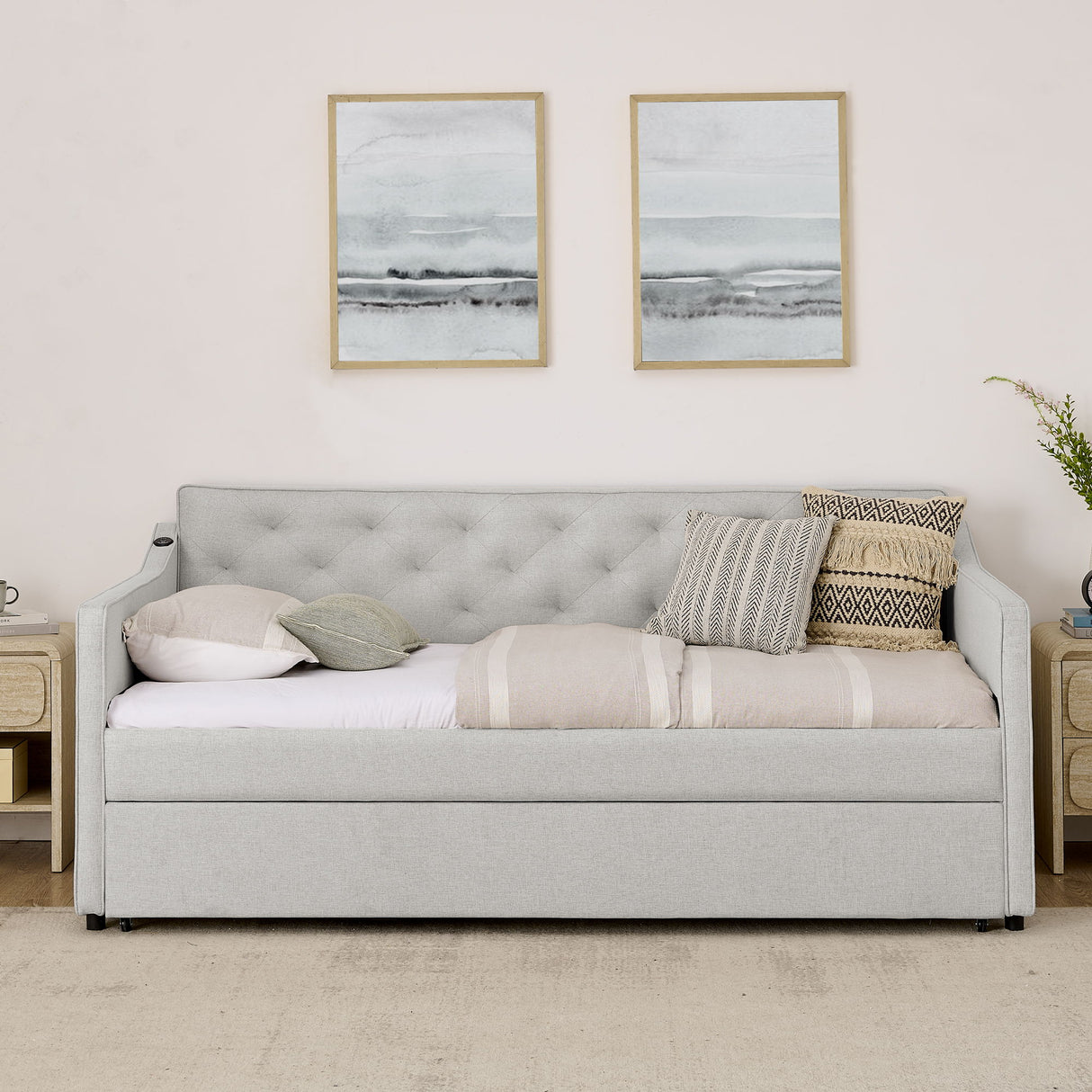 Daybed With Pop Up Trundle And USB Charging Armrest