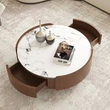 Round Coffee Table With Ball Feet, Dual Storage Drawers For Living Room - Walnut Brown