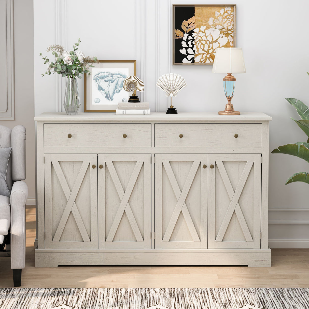 Vintage Sideboard Buffet Storage Cabinet with 2 Drawers and 55x36in