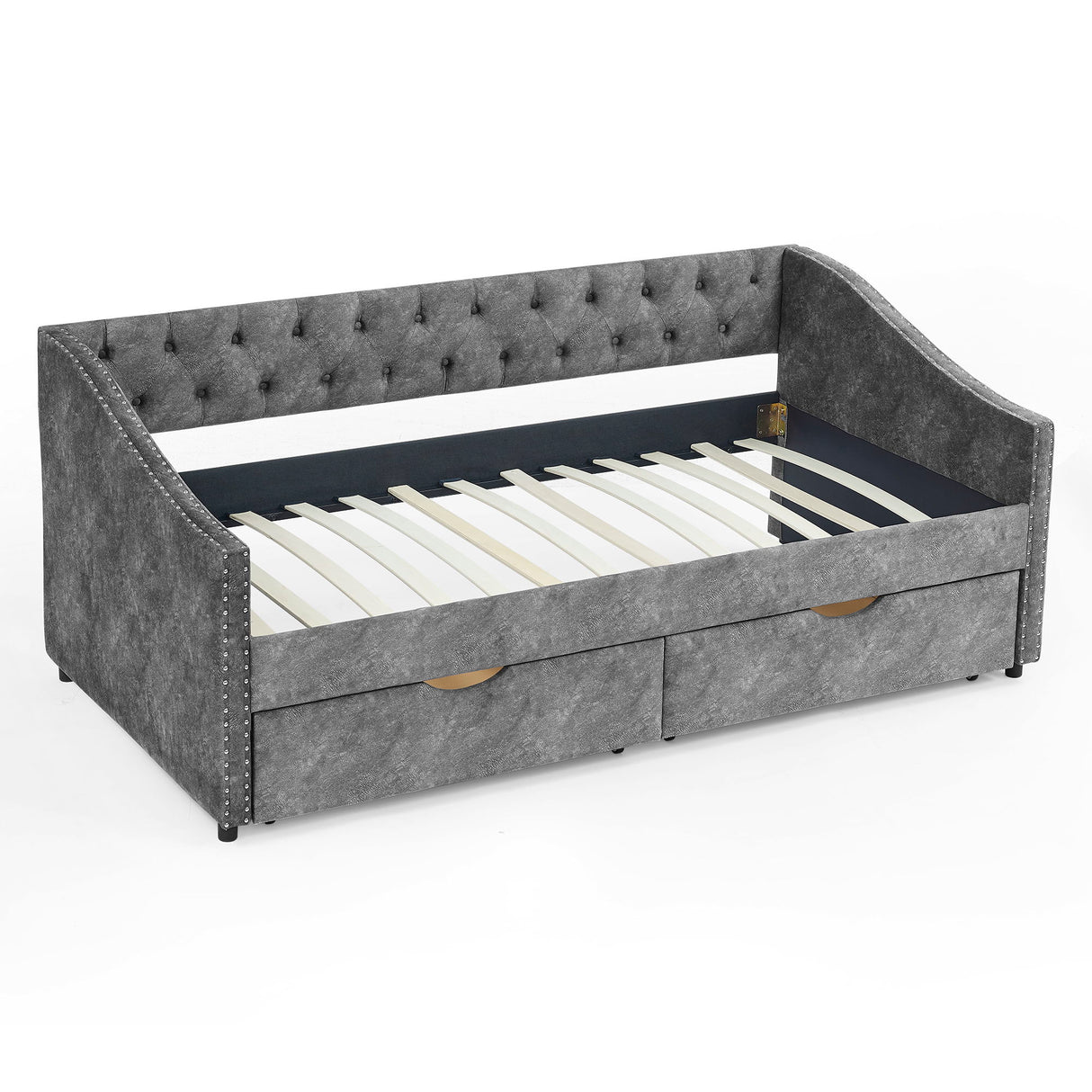 Upholstered Tufted Daybed With 2 Drawers, Waved Arms