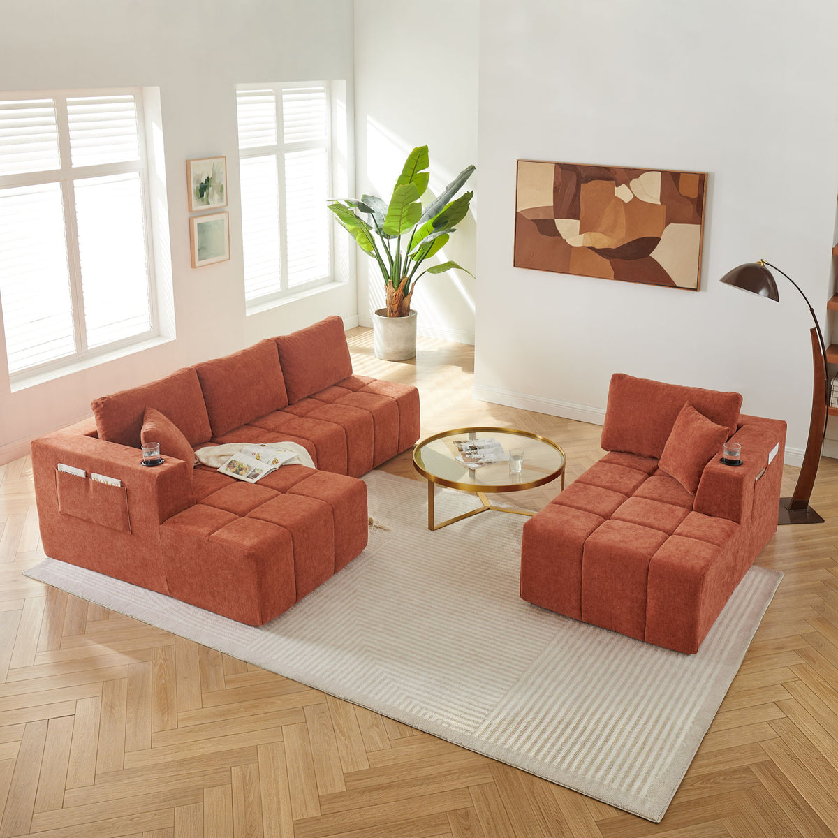 U - Shaped Sectional Sofa, Cup Holders & Side Pockets For Living Room