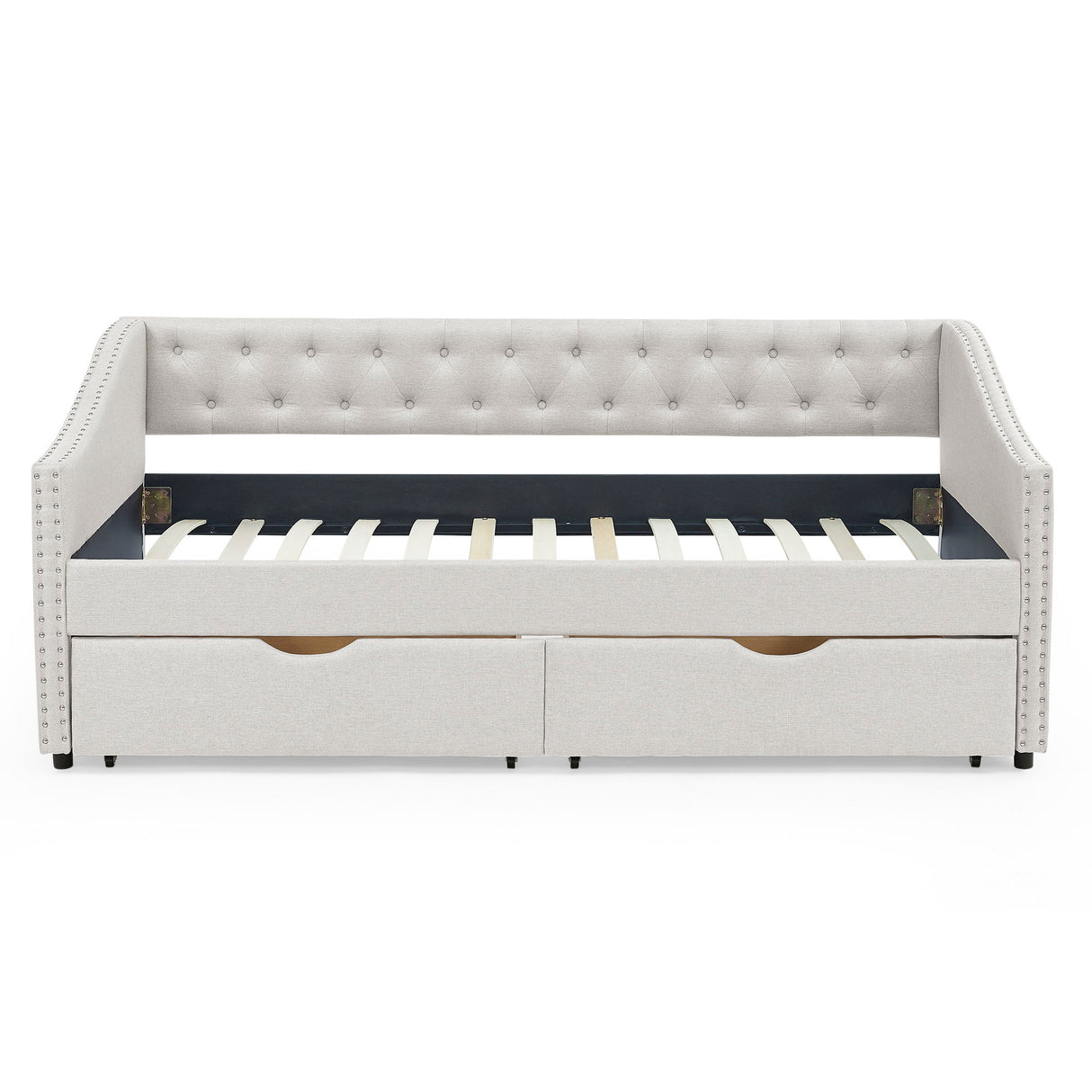 Upholstered Tufted Daybed With 2 Drawers, Waved Arms