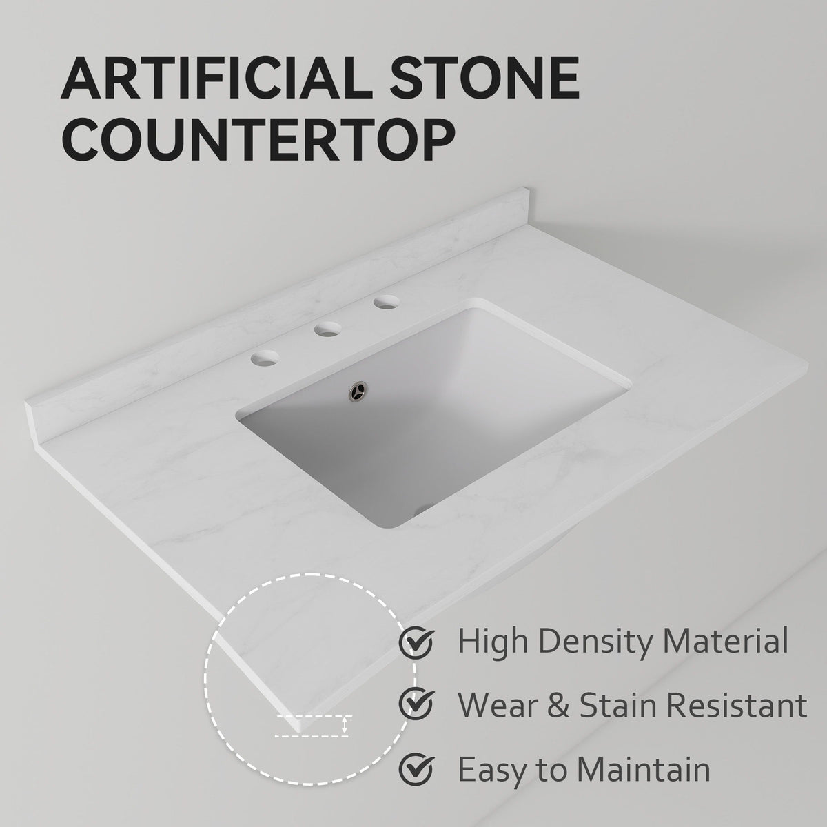 Basin Sink, Triple Faucet Holes, 2" Thick Rim, Sink Only