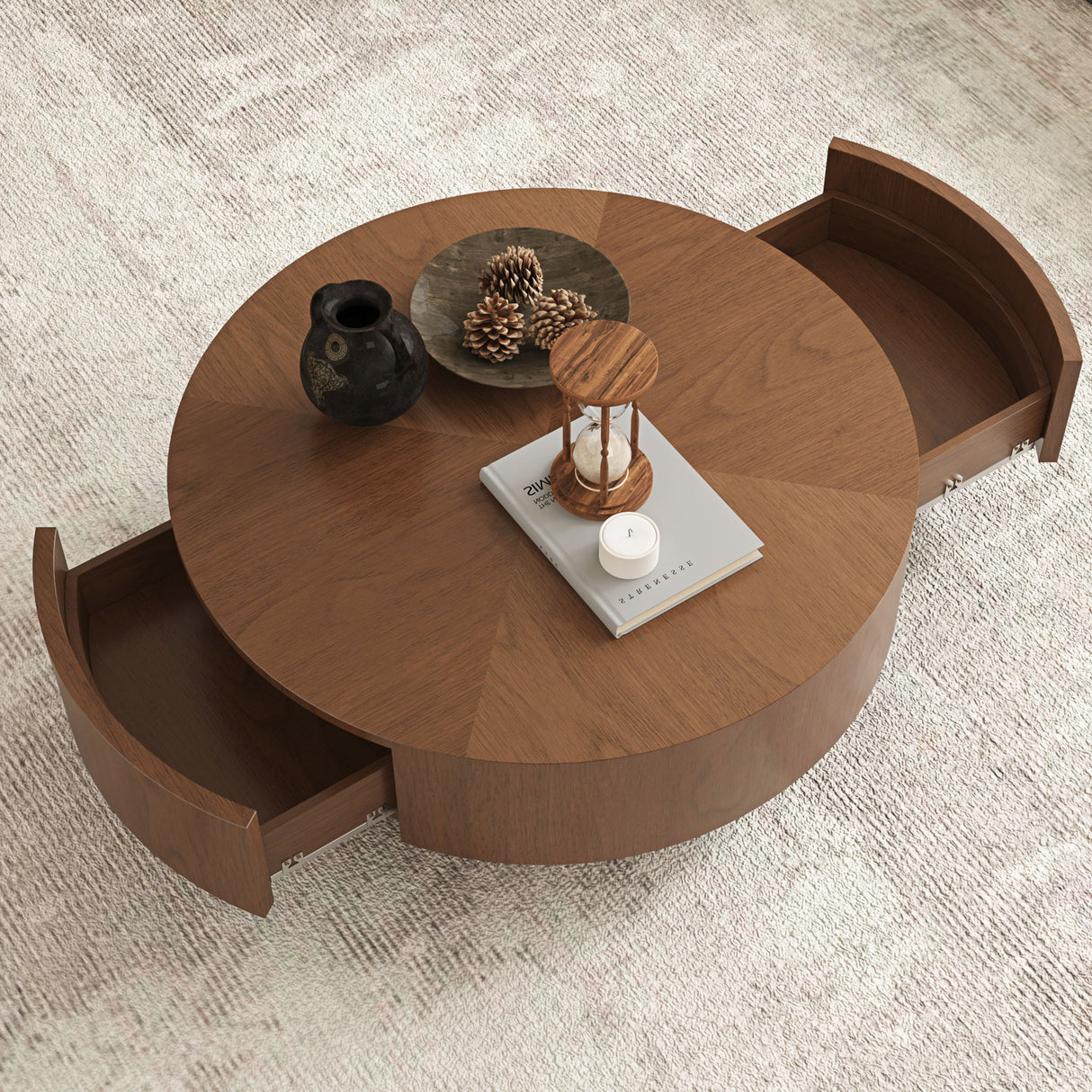 Drum Shaped Coffee Table With Hidden Storage Drawer, Low Profile For Living Room - Walnut