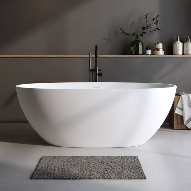 Solid Surface Matte Tub, Solid Surface Soaking Tub, Stone Resin Freestanding Bathtub, Thick Edge Stand Alone Tubs With Overflow, Pop-Up Drain (Oval) - Matte White - Bathtubs - Alpine Outlets
