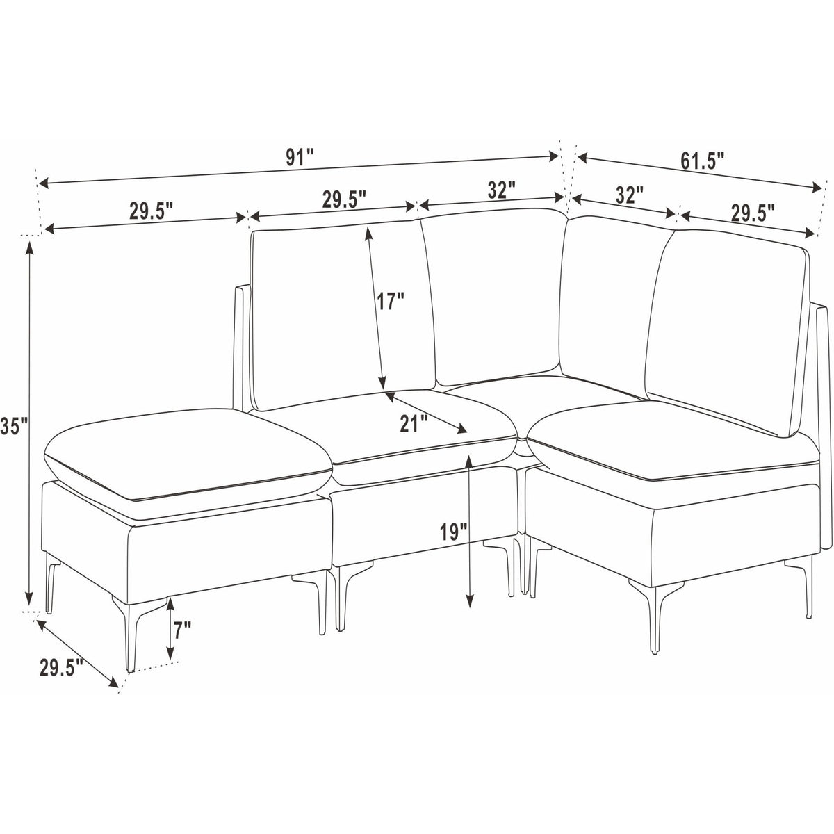 Upholstered Modular Sectional With Tall Legs, Medium Firm Seat