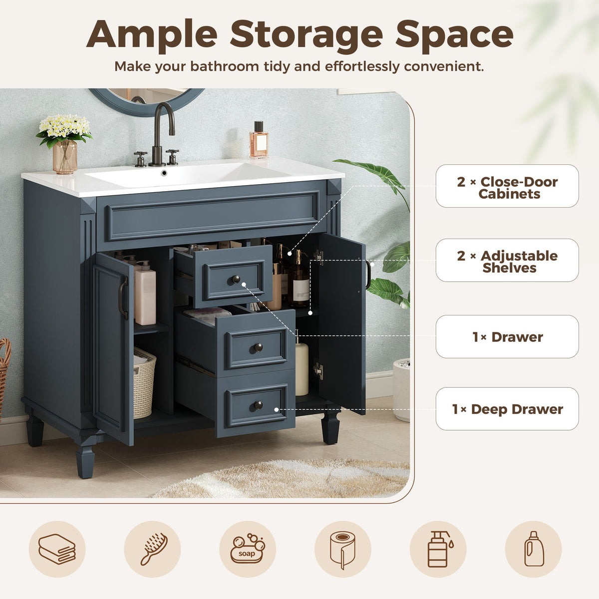 Bathroom Vanity With Top Sink, Cabinet With 2 Soft Closing Doors And Drawers