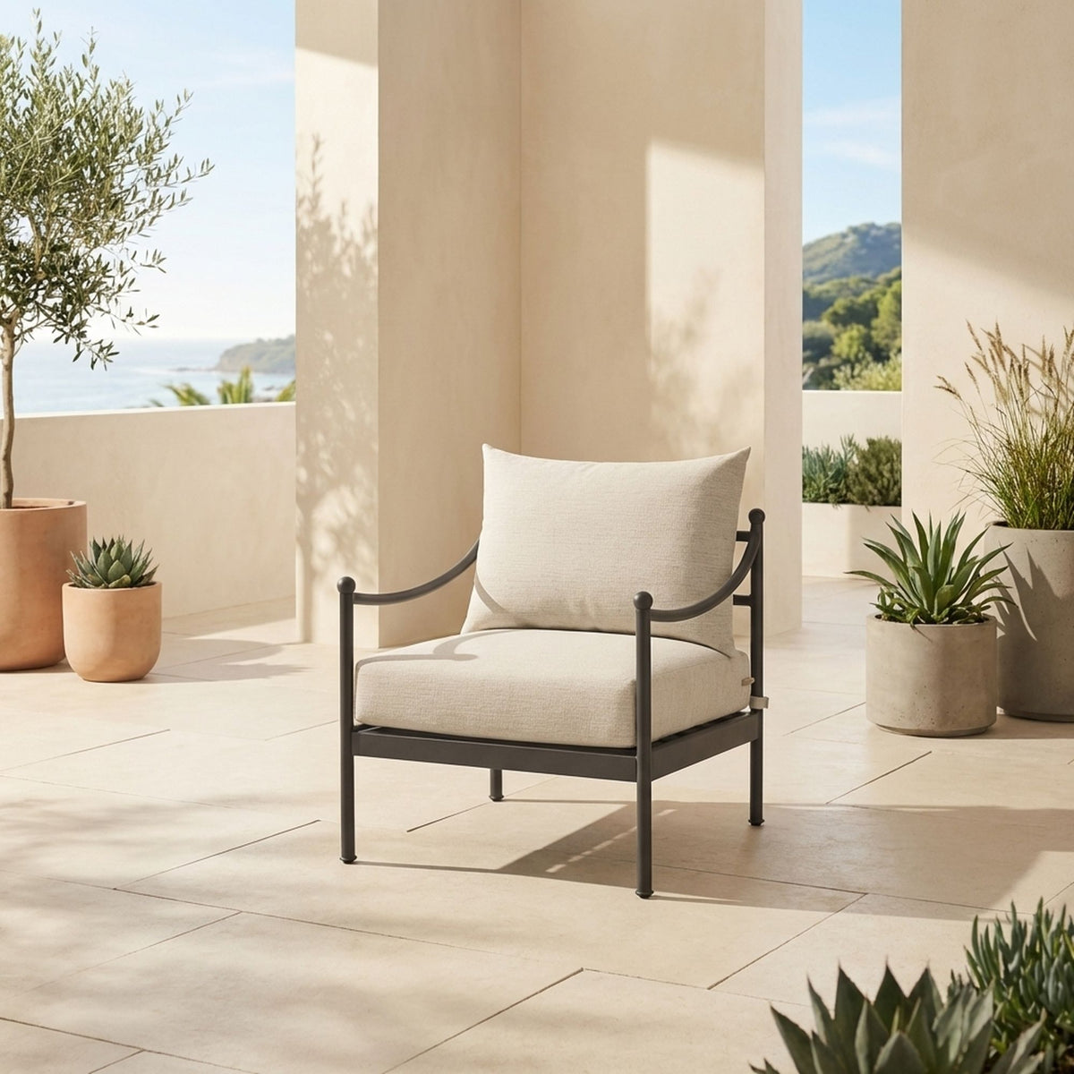 Leni - Outdoor Club Chair With Cushions And Powder Coated Aluminum Frame - Moonveil / Warm Gray
