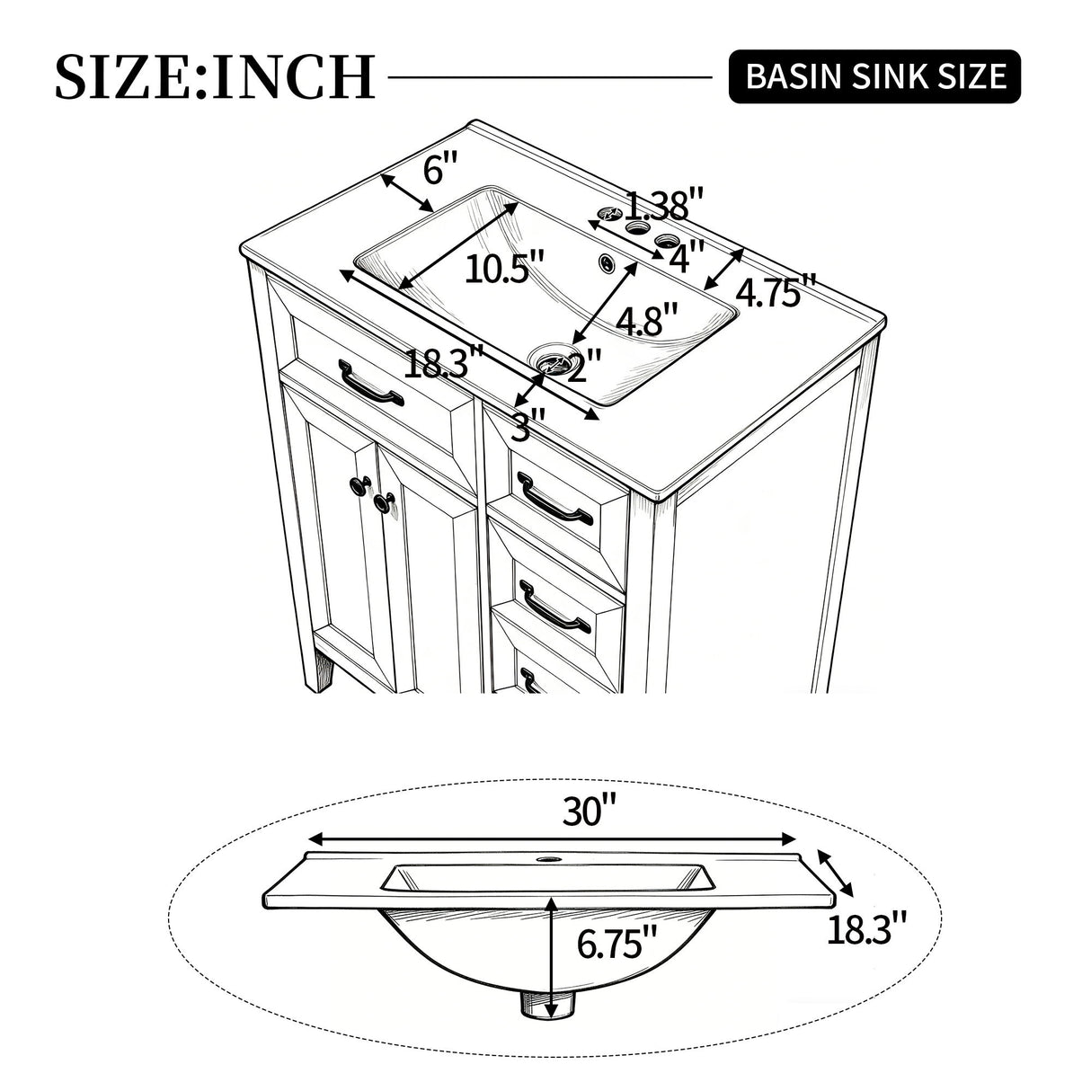 Bathroom Vanity With Sink, Freestanding Design, Soft Close Doors & Drawers - White