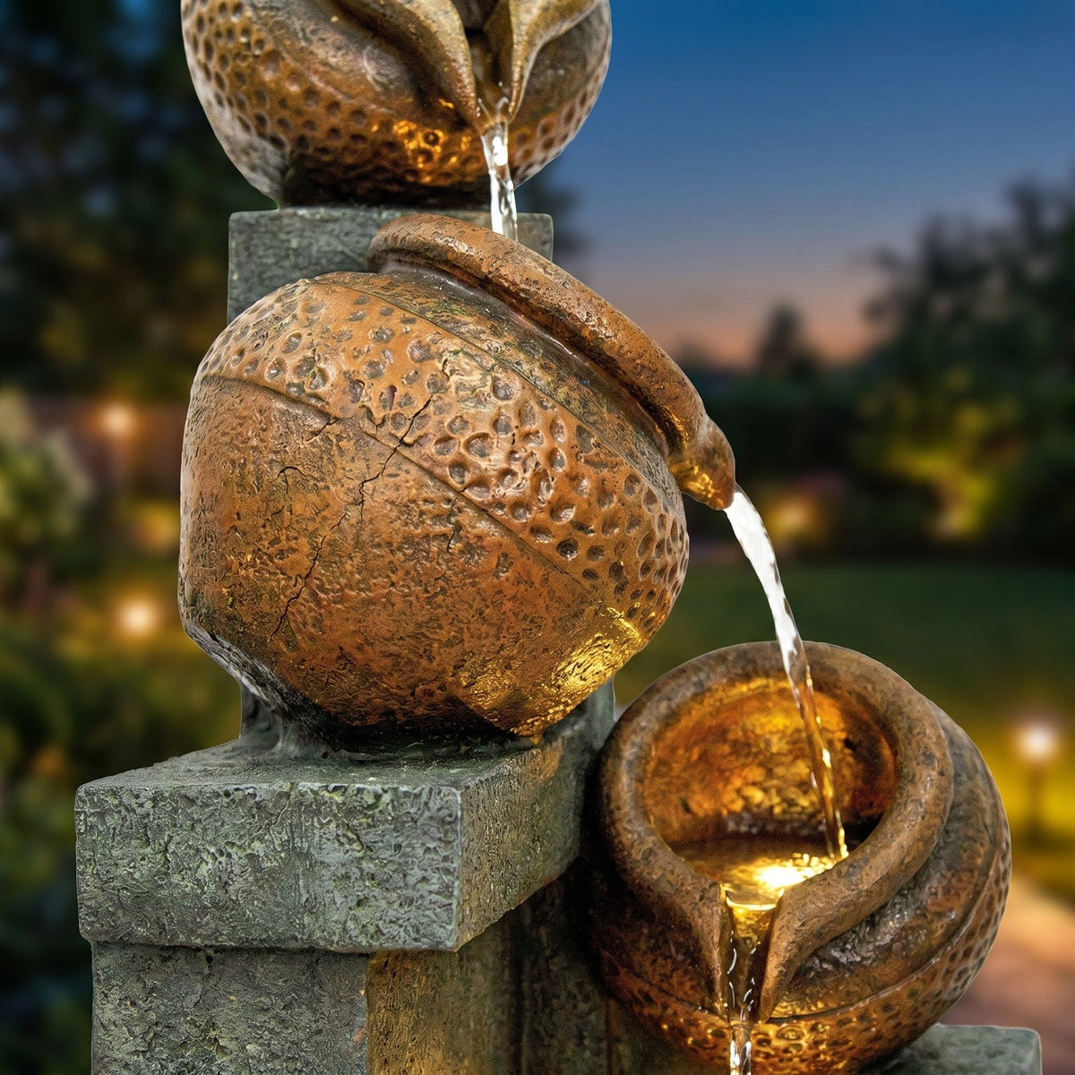 4 Tier Outdoor Water Fountain With Warm LED Lights For Patio - Brown / Tan