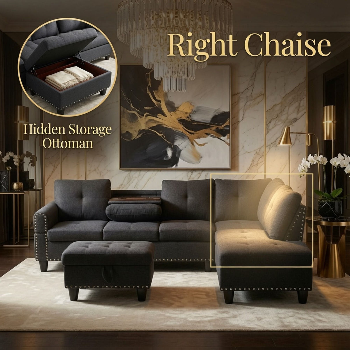 L - Shaped 3 Piece Sectional Sofa With Chaise, Storage Ottoman & Cup Holders