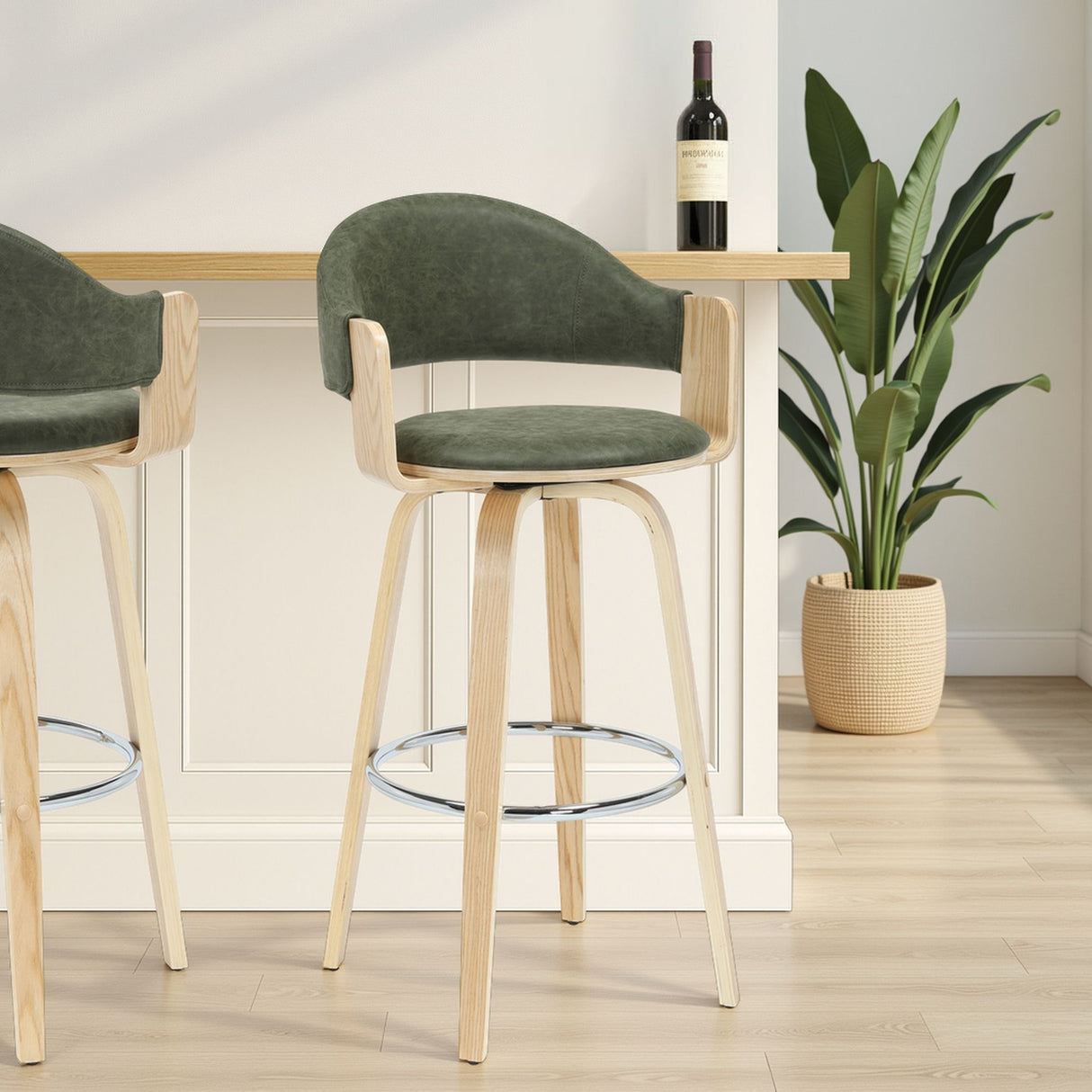 Daxton - Swivel Bar Height Round Back Wood Bar Stool With Faux Leather Seat