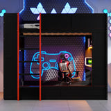 Full Size Gaming Bunk Bed With Desk, Storage Shelves, LED And Charging Station - Black