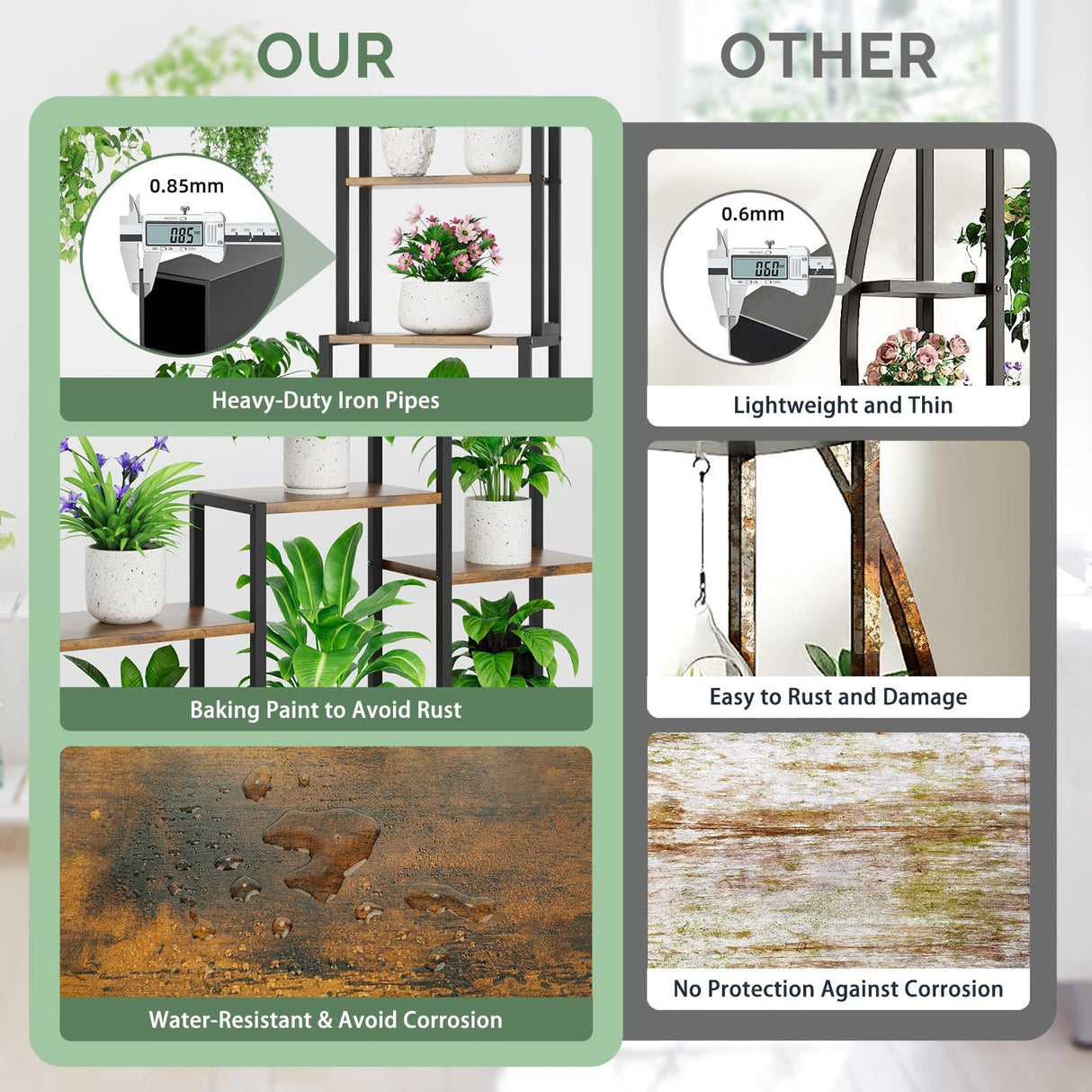 Large Plant Stand Indoor With Grow Light, Tall Plant Shelf, 8 Tiered Heavy Duty Metal Plant Stand, Square Flower Stand Display Rack For Living Room - Walnut / Black