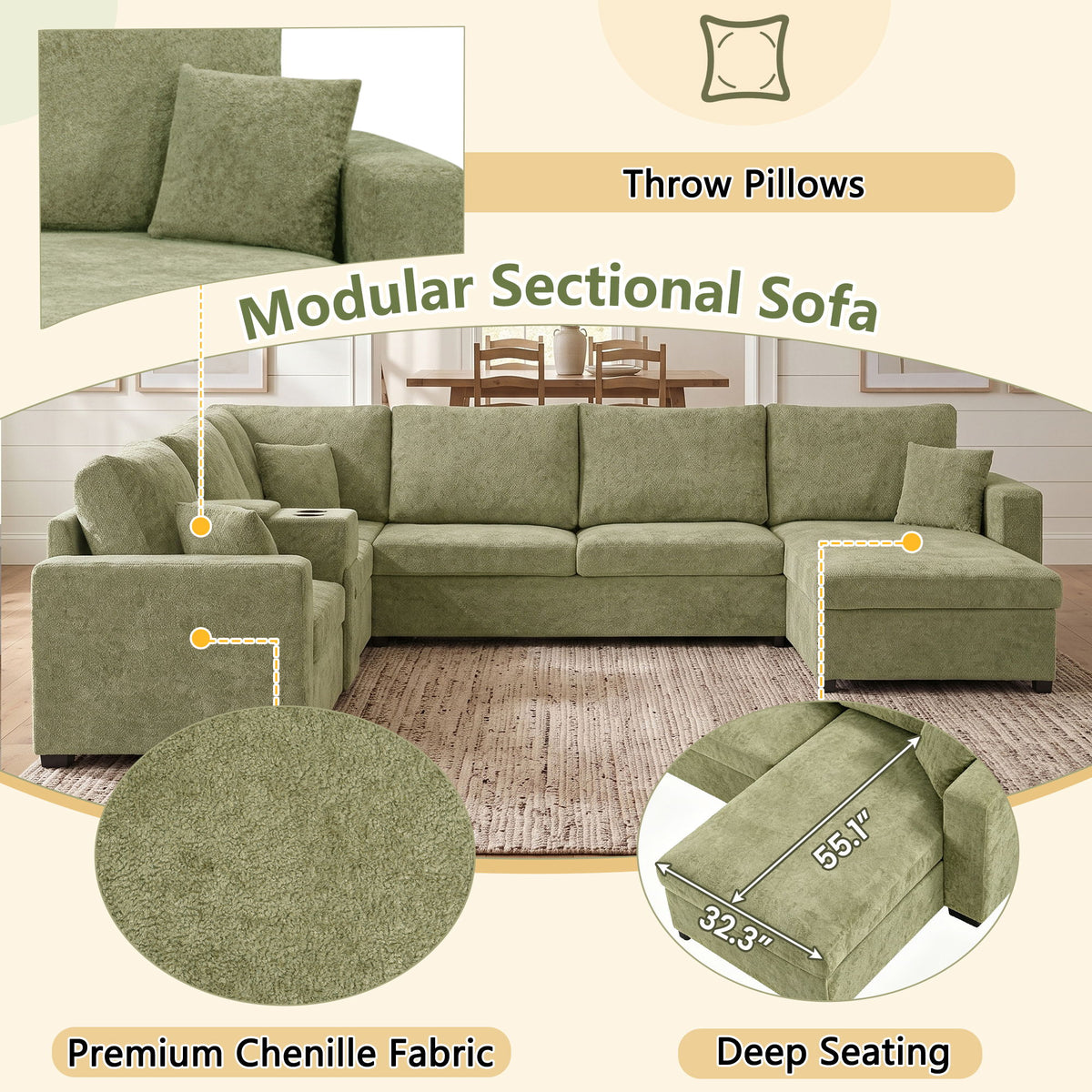 Modular 5 Seat U-Shape Sectional Sofa With Chaise Lounge, Built In Cup Holders And Storage Drawer