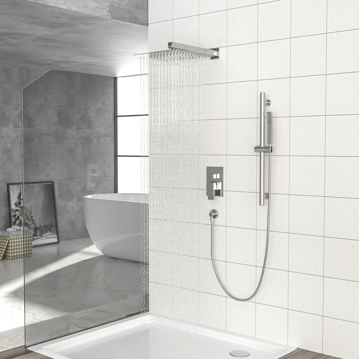 Wall Mounted Shower System With Adjustable Slide Bar And Rough In Valve, 12" Square Design - Brushed Nickel