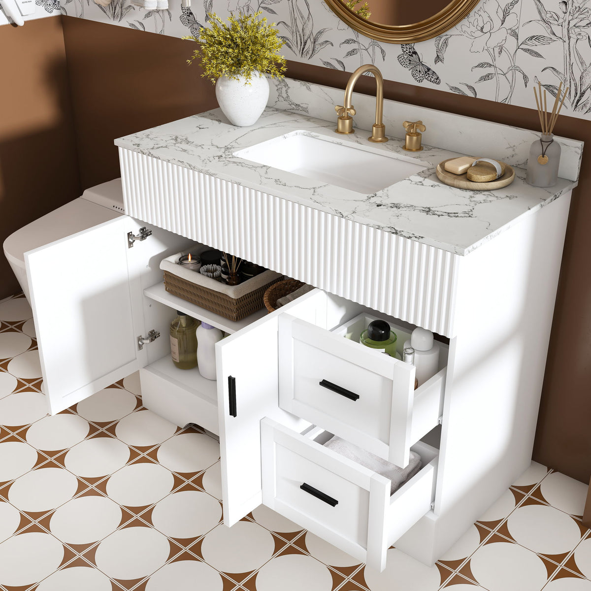 Bathroom Vanity Set, Fluted Cabinet, Soft Close Doors & Drawers, 3 Faucet Holes, Sink Included - White