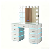 LED Lighted Makeup Vanity Desk With 15 Bulbs Mirror, RGB Light Drawers, 9 Drawers Dressing Table For Bedroom - Gloss White
