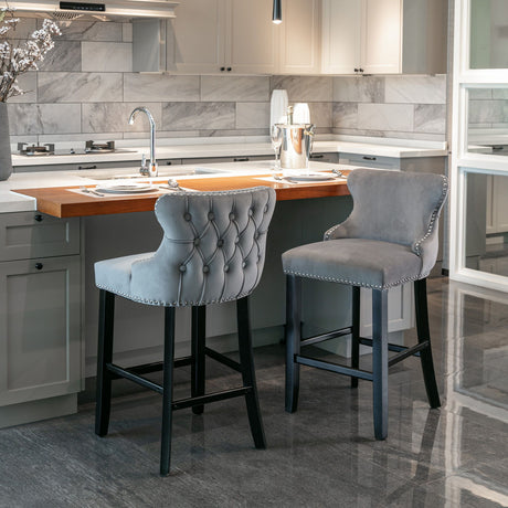 Contemporary Velvet Upholstered Wing-Back Barstools With Button Tufted Decoration And Wooden Legs, And Chrome Nailhead Trim, Leisure Style Bar Chairs, Bar Stools (Set of 2) - Chair Sets - Alpine Outlets