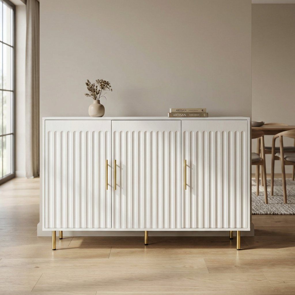 3 Door Storage Sideboard Cabinet Buffet With Gold Handles 55x36in White