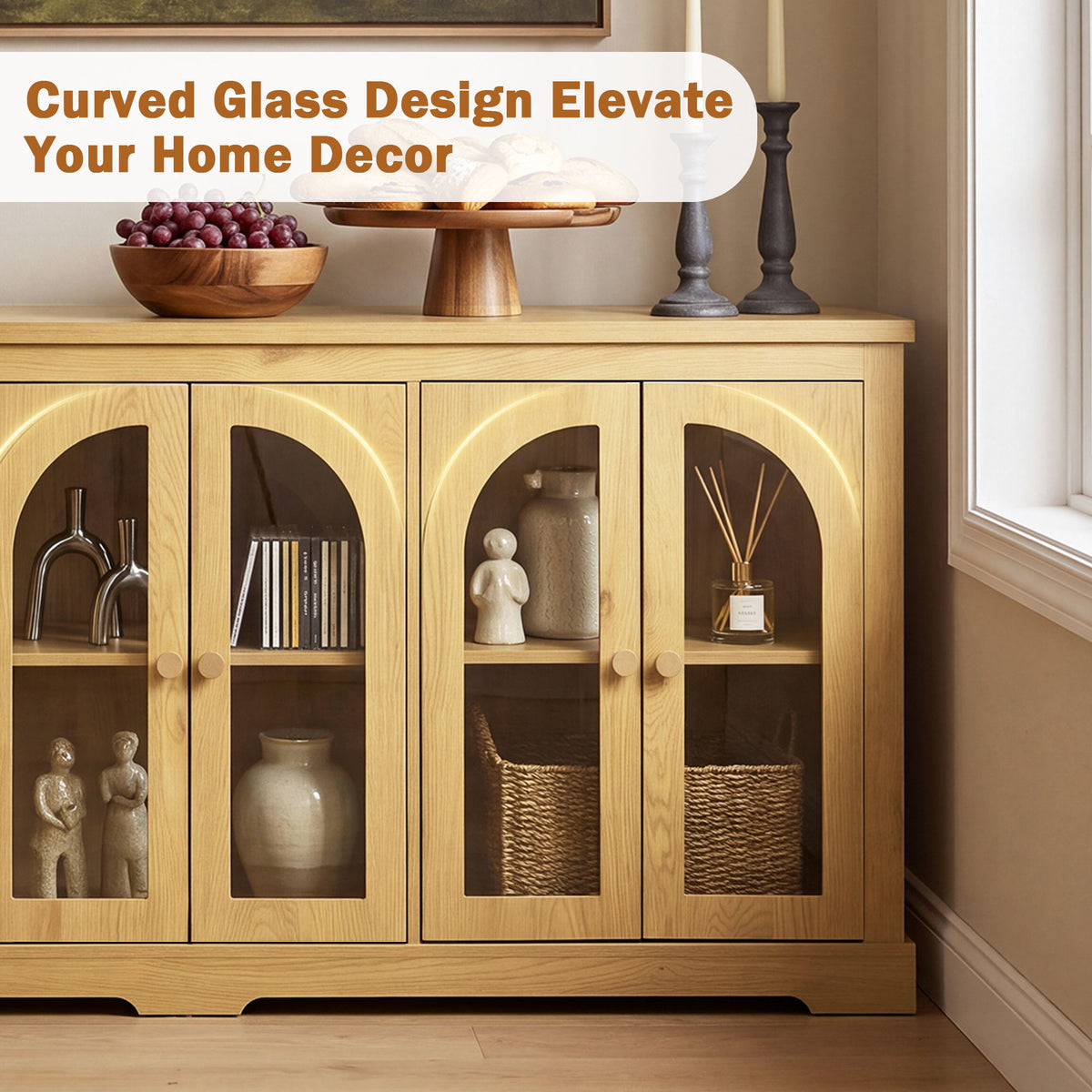 Modern Arched Glass Sideboard With 6 Doors, Buffet Cabinet With Storage And Adjustable Shelves