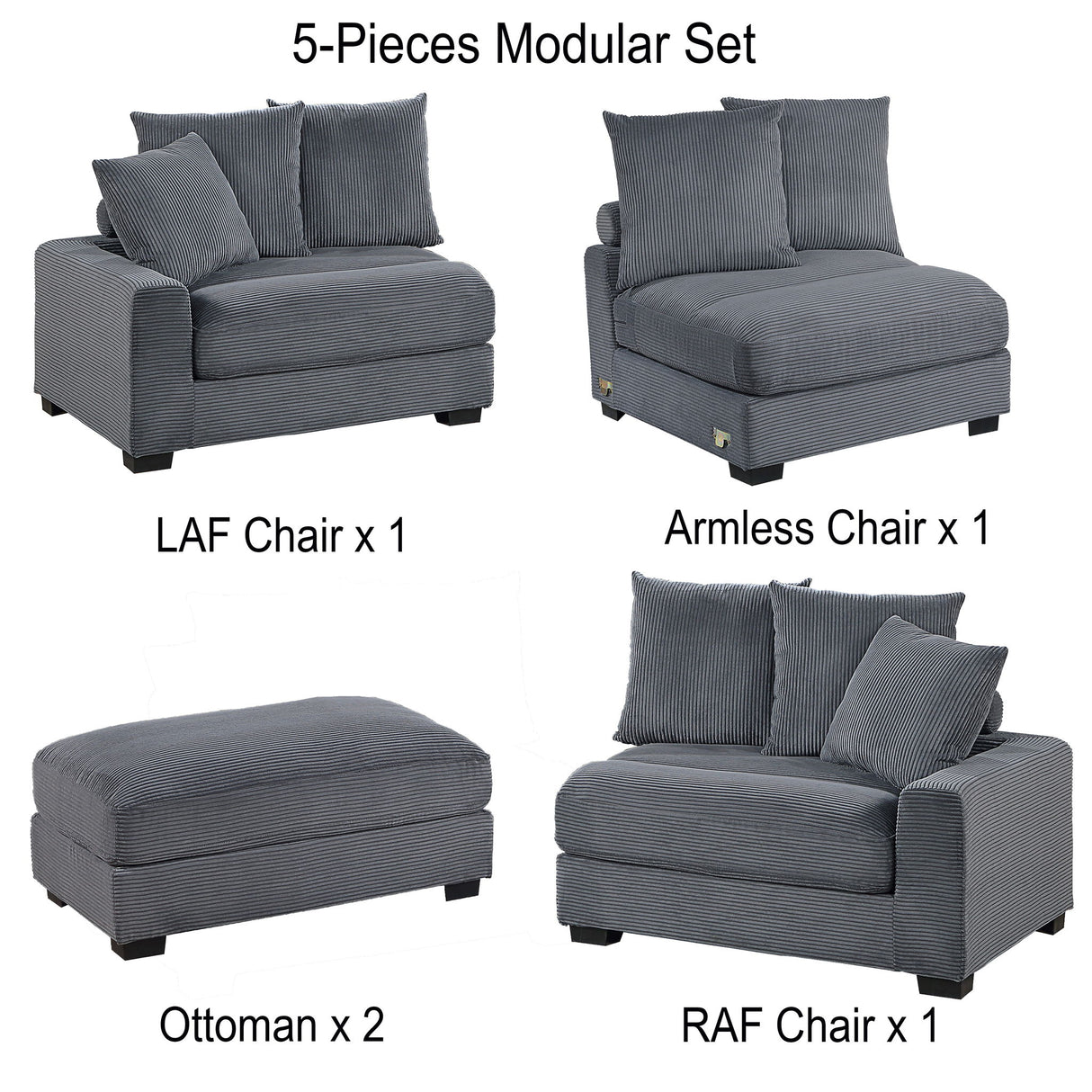 5 Piece Modular Sectional Set Couch With LAF & RAF Chairs, Living Room Furniture - Dark Gray