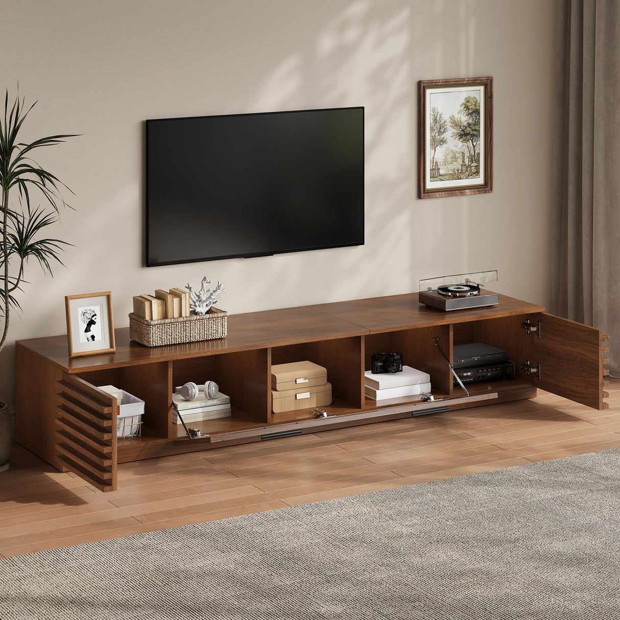 TV Stand With LED Lighting, Soft Closing Hinges, Cable Management - Walnut