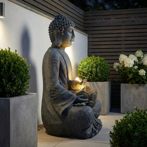 28" Height Zen-Style 2-Tier Meditating Buddha Water Fountain with Pump & LED Light, Outdoor Waterfall & Buddha Statue for Garden, Patio & Backyard