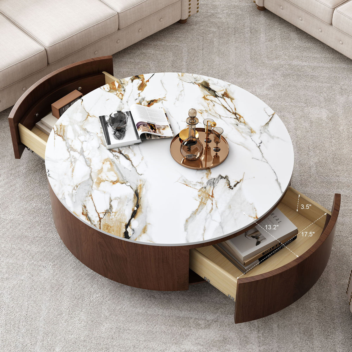 Round Coffee Table With 2 Drawers For Living Room - Walnut Brown / White / Multi