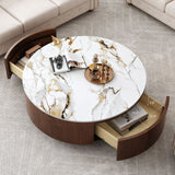 Round Coffee Table With 2 Drawers For Living Room - Walnut Brown / White / Multi