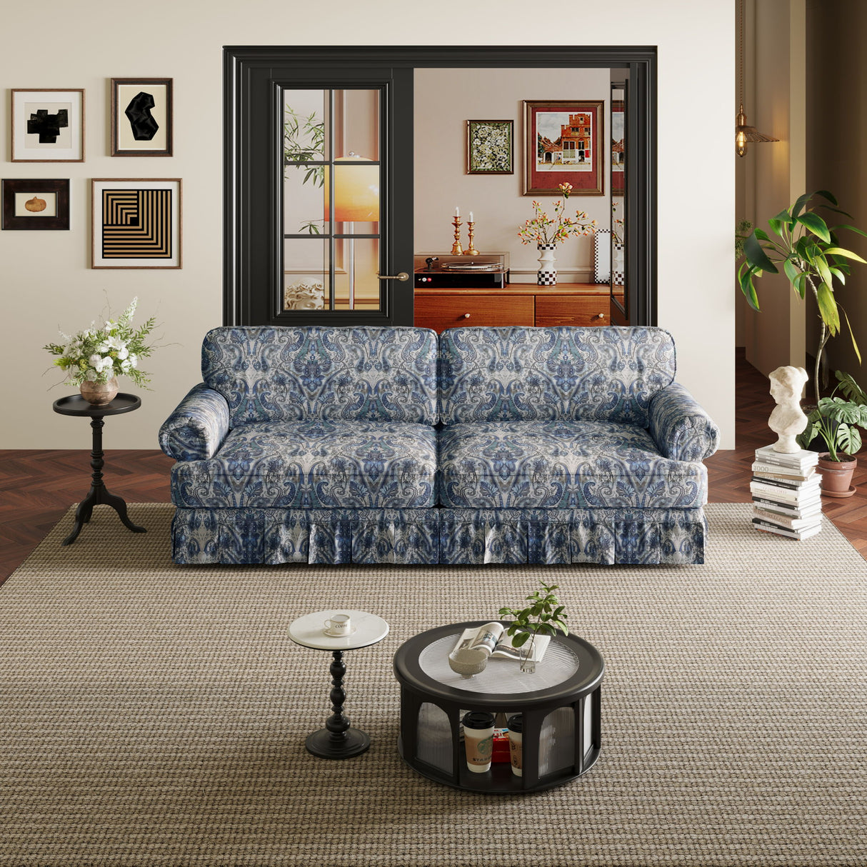 Luxuriously Comfortable Cloud Couch With Elegant Rolled Arms & Pleated Skirt Design